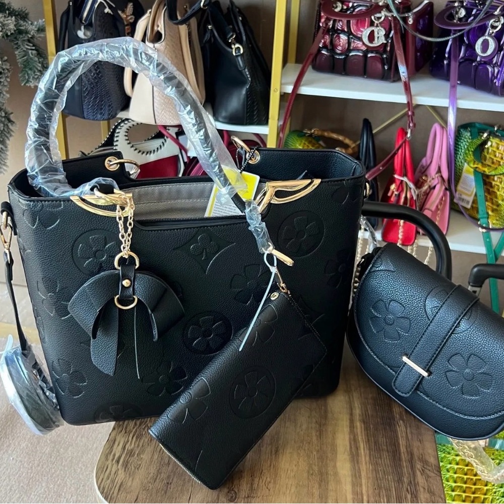 Elegant Black Tote Bag Set with Floral Design